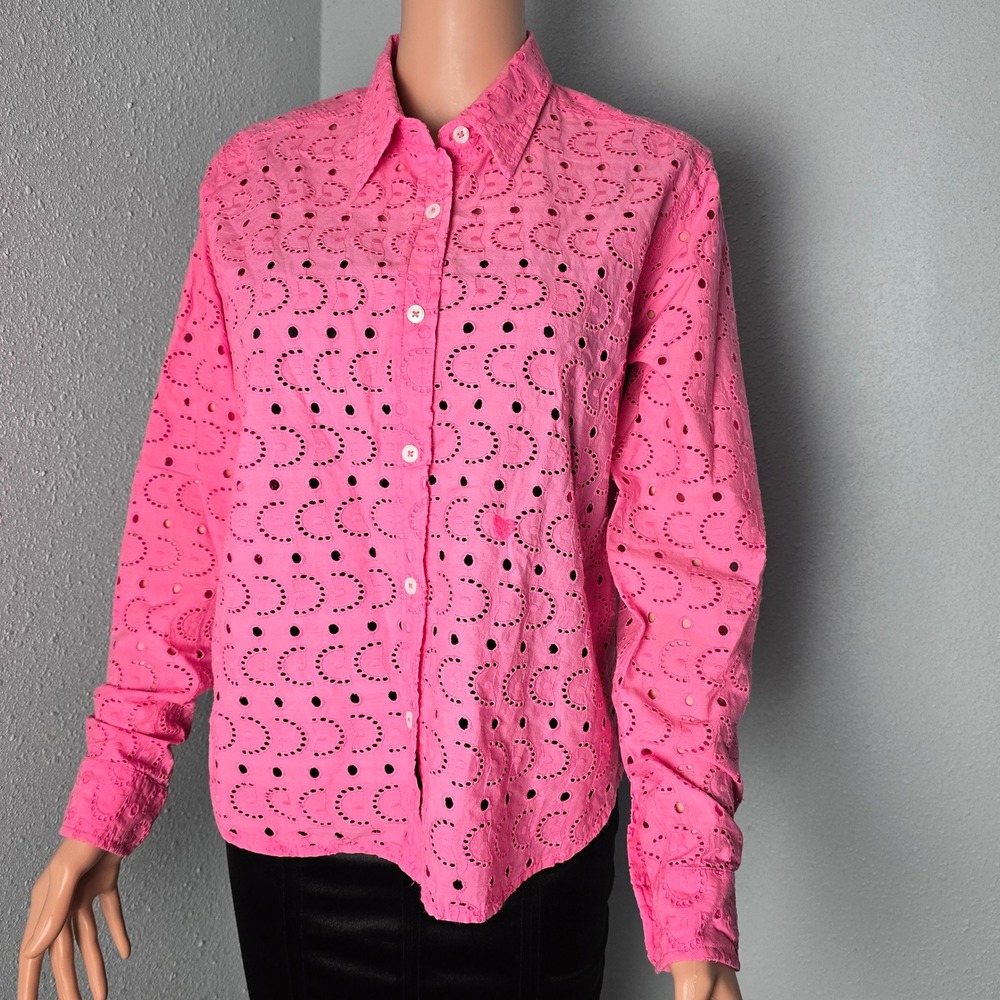 Kerri Rosenthal Pia Eyelet Shirt Neon Pink 100% Cotton Heart Size‎ Small